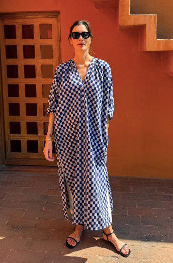 Checkerboard Ikat Caftan - Blue/White