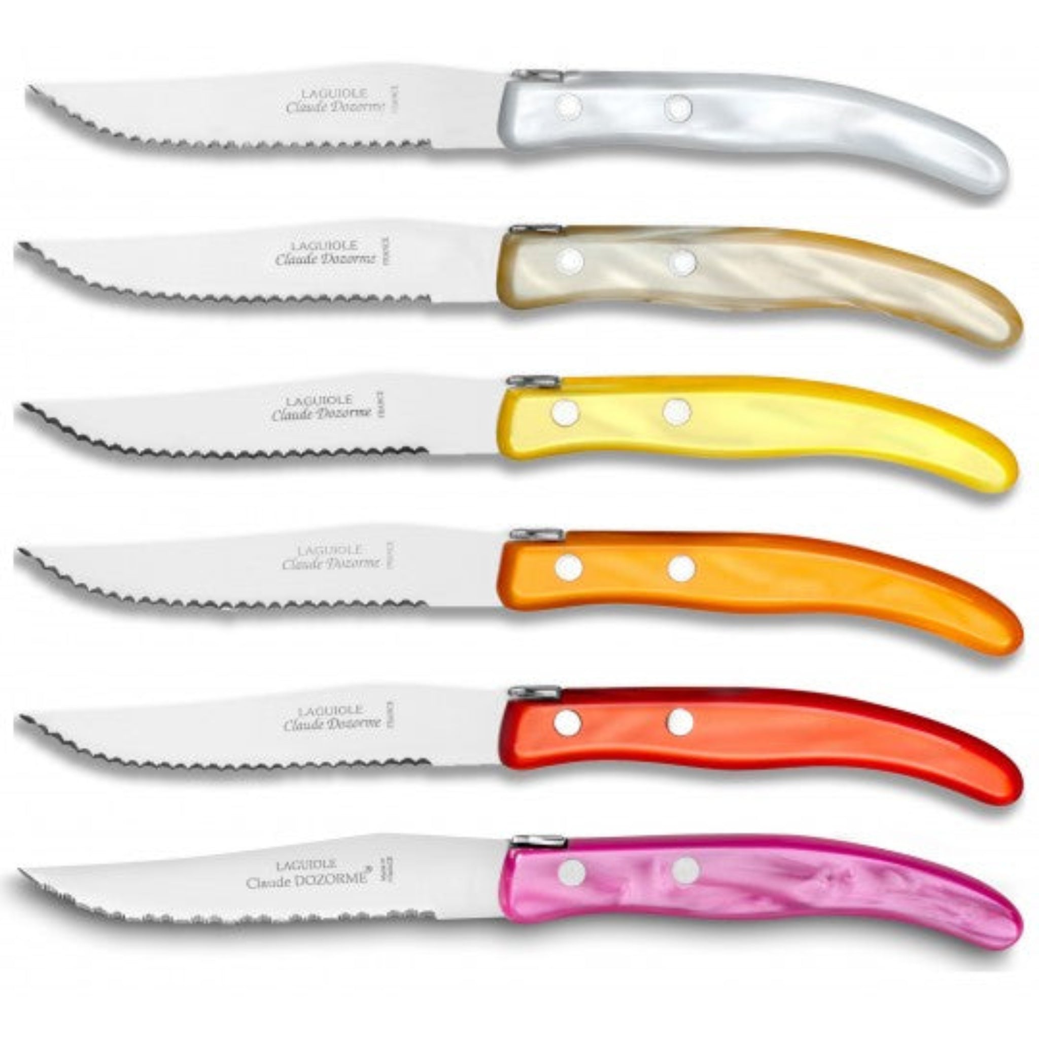 Berlingot Box of 6 Steak Knives | Assorted Warm Colours (pink/orange)