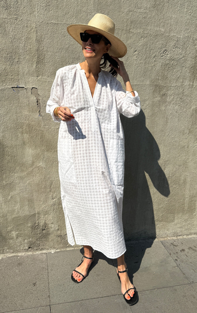 Two Pocket Grid Caftan - White