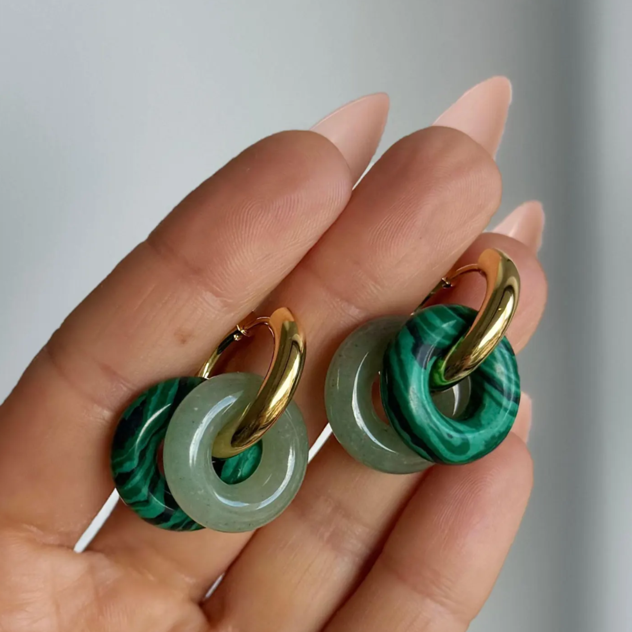 Double Green Malachite and Aventurine Hoop Earrings