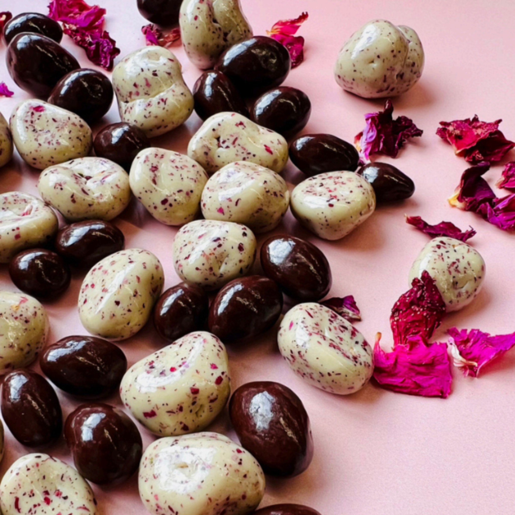 Sour Cherries & Pistachios Covered in Chocolate, Rose Petals